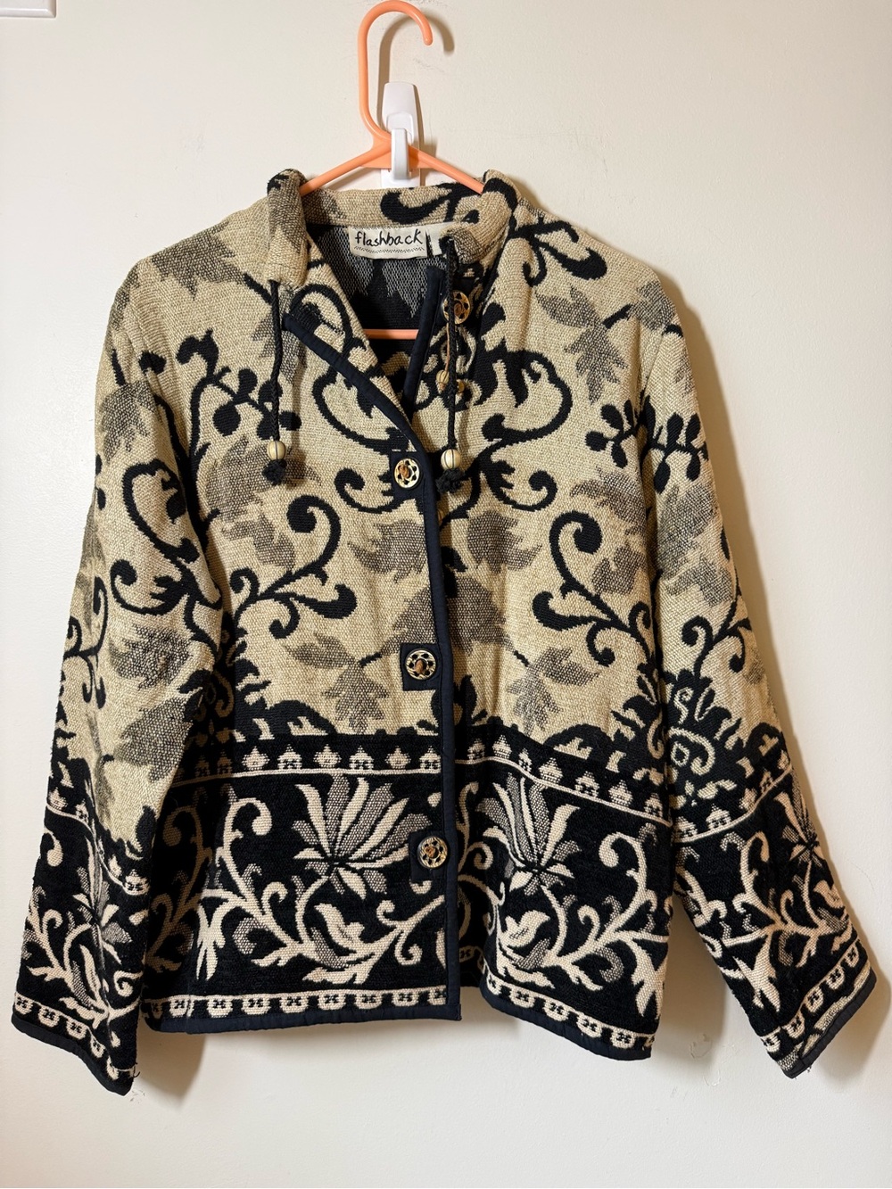 Vintage Flashback Tapestry Jacket Cream Black floral boho Art to Wear